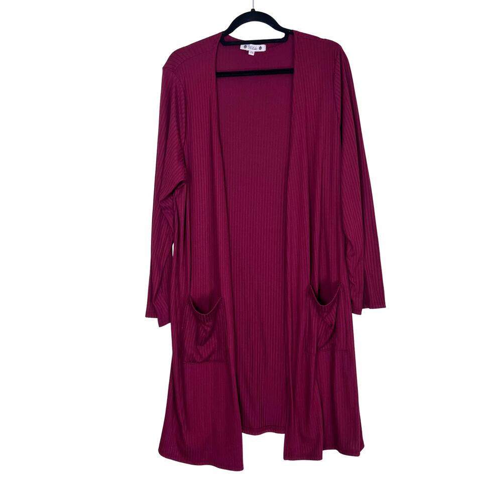 Wilde Burgundy Ribbed Open Front Cardigan Women’s Plus 2X Longline Pockets